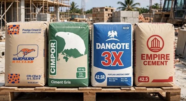 Sacs de ciment de plusieurs marques sur une palette, devant un chantier
